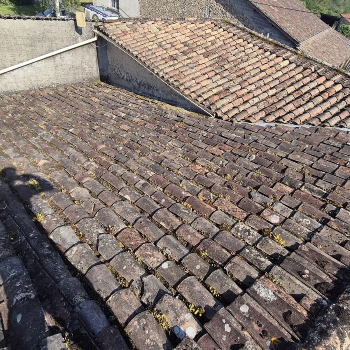 Toiture avant travaux, tuiles usées et moussues